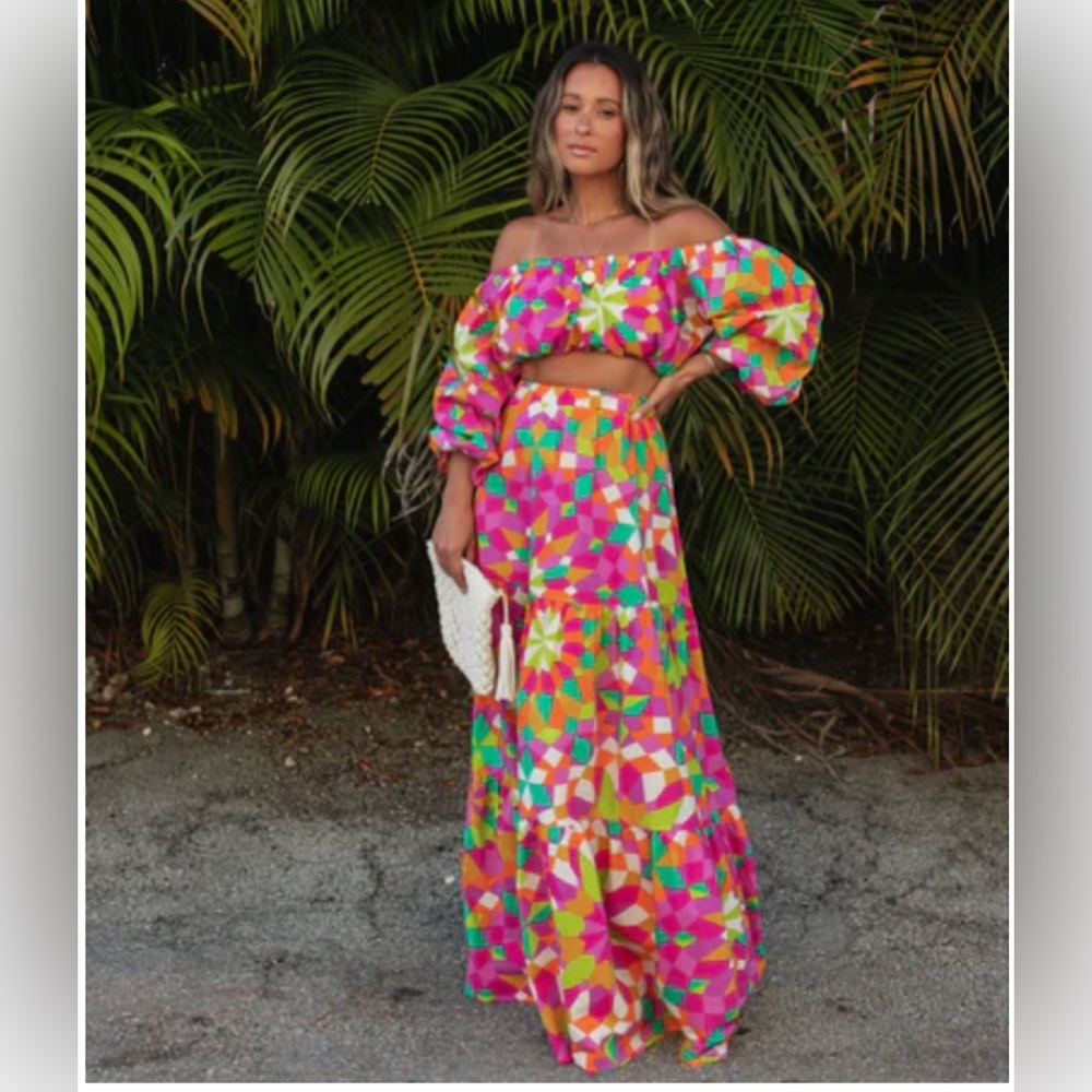 DOWN IN RIO COTTON PRINTED TIERED MAXI SKIRT & OFF THE SHOULDER TOP